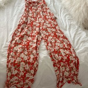 American Eagle Red and White Floral Jumpsuit